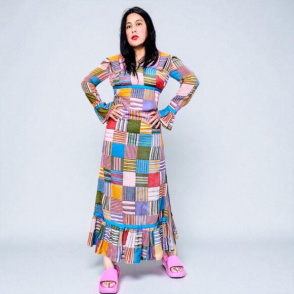 vintage 70's handmade metal zipper pastel rainbow patchwork madras midi dress - Picture 2 of 11